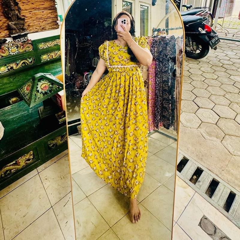 Daster Wanita Ara Log Busui Frenly Renda Rimpel Panjang 135cm - Arab, Pendek, Dress, Bumil, Kancing, Rempel, Rayon, Balon, Motif 5