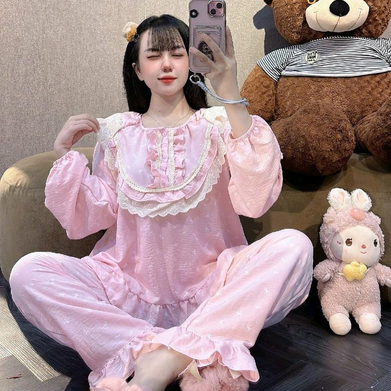 Bộ Ngủ Hoa Nhí Cổ Tròn Viền Bèo Ren Vải Đũi Mềm, Free size 40-58kg Women Voi Kem Áo Sen Nho Nhung