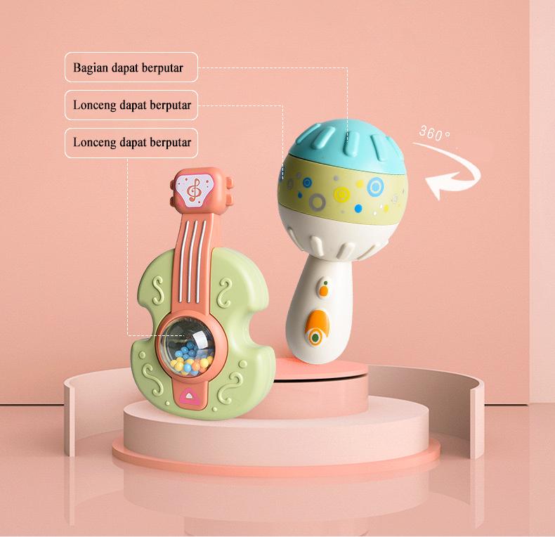 HappyNest Mainan Rattle Teether Bentuk Gitar Kartun Dengan Lonceng Untuk Edukasi Dini Bayi Newborn Toys 2