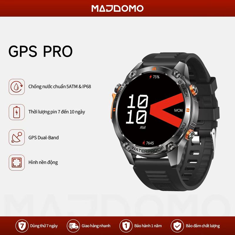 MAJDOMO Đồng Hồ Thông Minh GPS Pro Chống Nước 5ATM Màn Hình AMOLED 1.43 inch 100 Chế Độ Thể Thao Đo Nhịp Tim SpO2 Giấc Ngủ Nhắc Nhở Chu Kỳ GPSpro