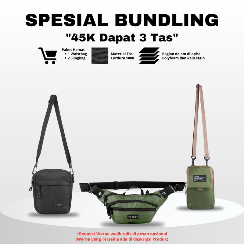 PUSHOP PAKET BUNDLING HEMAT PSHP45K-02 - Paket Tas Selempang Pria Wanita 45 Ribu Dapat 3pcs Tas Slingbag Canvas dan Mini Sling bag Casual Polos Cowok Cewek Hitam Pria 0