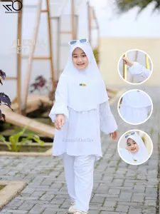 Alesha - Setelan Anak Perempuan Putih Polos Free Hijab (2-12 Thn) / Setelan Anak Manasik / One Set Putih Anak Model Baru / Baju Muslim / Pakaian Anak Set Celana Kerudung  Crinkle Airflow