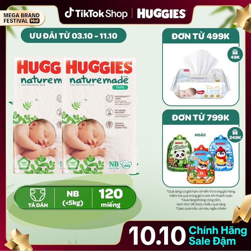 Tã/Bỉm dán sơ sinh Huggies NatureMade Size NB60/S82/M64/L54/XL44