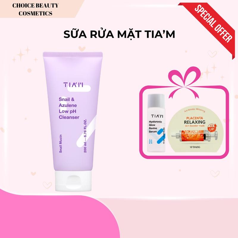   CFV Tặng 1 Mask BNBG+ HA 10ml  Sữa Rửa Mặt Tinh Chất Dịch Lọc Ốc Sên Làm Dịu Và Hỗ Trợ Phục Hồi Dành Cho Da Dầu Mụn Nhạy Cảm TIA’M Snail & Azulene Low pH Cleanser 200ml  CFV 12.12  