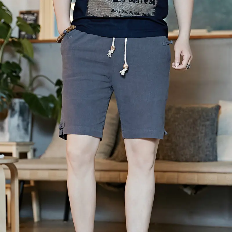 Shorts Summer men's casual pants Vintage plate-button five-quarter pants Youth loose beach pants Chinese style men's pants Menswear Trouser Tropical Pocket Beige Plain