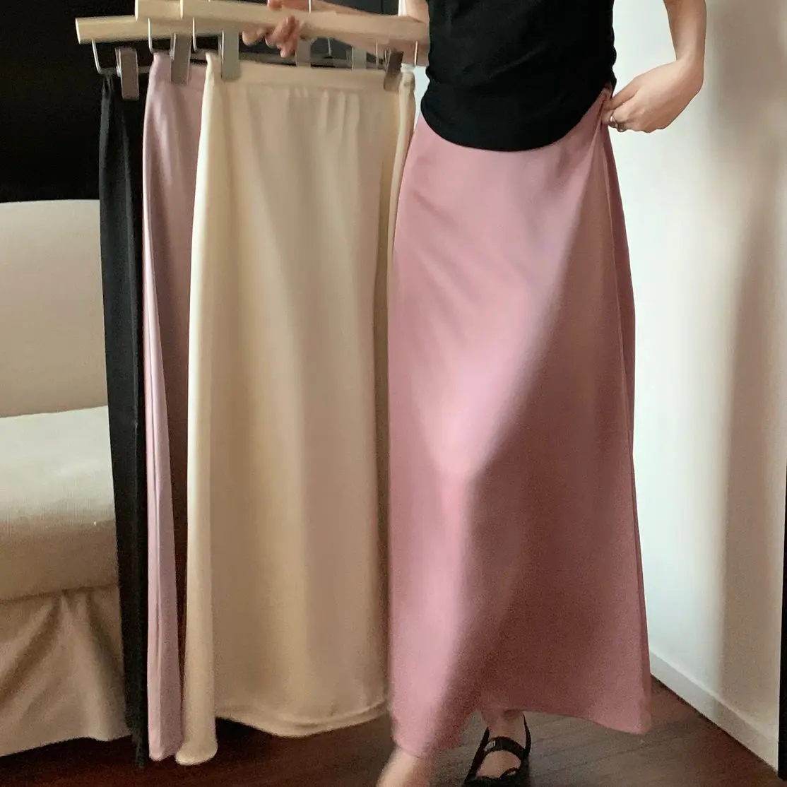 Casual Women Midi Long Skirts Spring Elastic High Waisted A-Line Casual Female Satin Skirts
