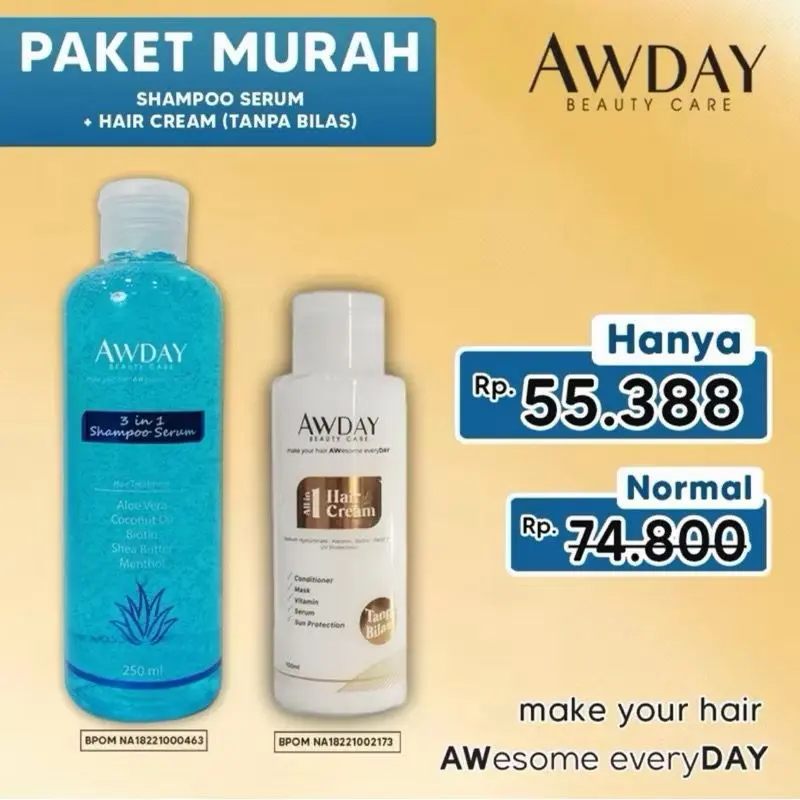AWDAY 3in1 Shampo serum Paket Shampo + Kondisioner Perawatan Rambut Kering dan Rusak Awday Biotin Wangi 0