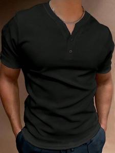 メンズ ワッフルニットヘンリーTシャツ、半袖・ボタン付き前立て、通気性に優れたカジュアル薄型Tシャツ、日常使いと夏向け