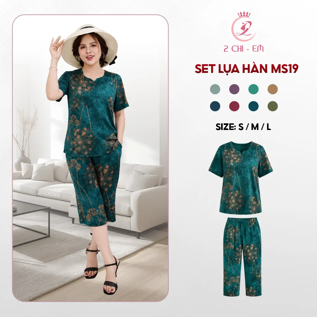 Đồ Bộ Trung Niên Cho Mẹ , Áo Cổ Tròn, Quần Suông Lửng Ngang Gối Ms19 Nữ Women Top