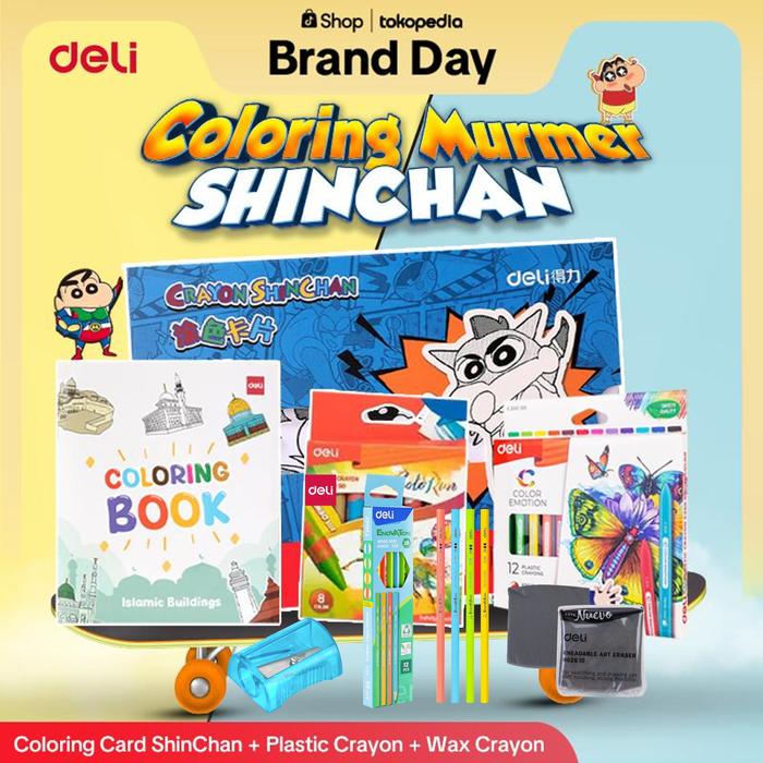 Gambar [Deli x ShinChan] Set Coloring Murah Shinchan " Buku Mewarnai ShinChan + Buku Mewarnai Edisi Ramadan + Crayon Plastik 12 Warna +  Crayon Wax 12 Warna dari Deli.Indonesia Kab. Tangerang Tokopedia