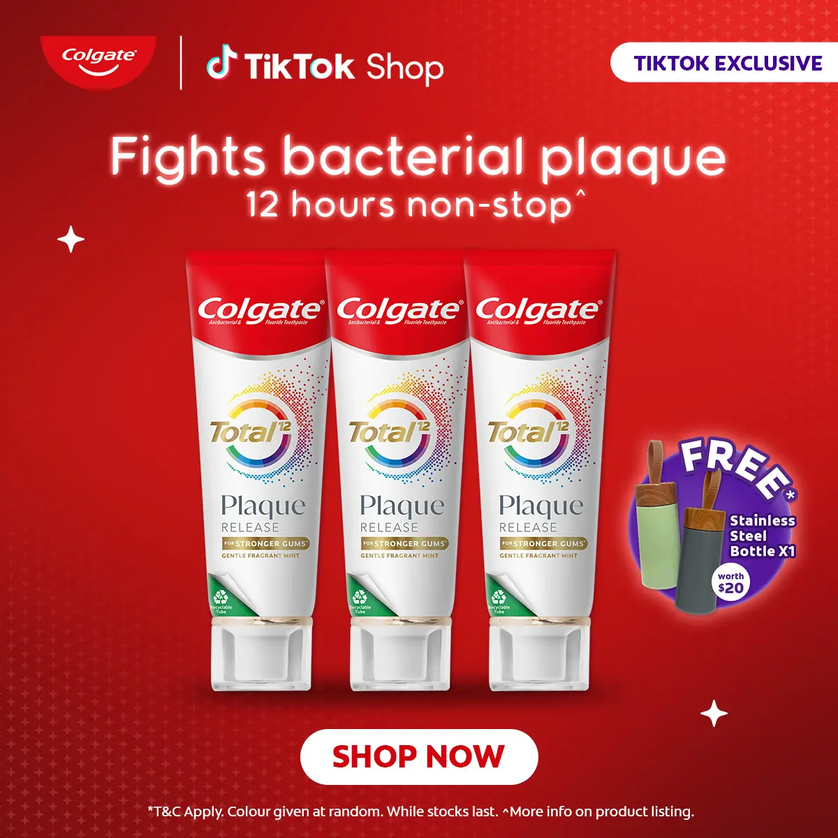 COLGATE Total Plaque Release Gentle Fragrant Mint/Reviving Cool Mint Toothpaste 95g [Bundle of 3] + FREE Stainless Steel Tumbler (colour may vary)