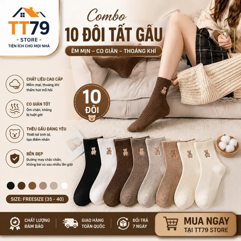 Combo 10 đôi tất gấu cổ cao phong cách hàn quốc đủ màu Nam Nữ