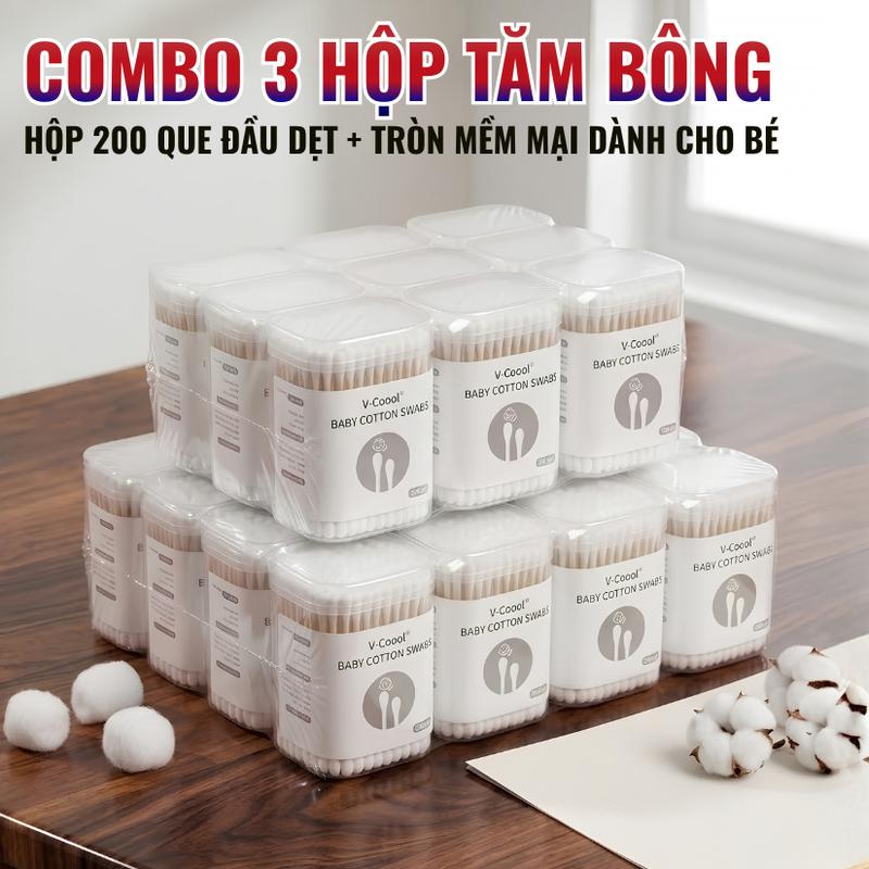 [Cho Bé] Combo 3 hộp tăm bông V-COOL99 loại 200 que 2 đầu dẹt và tròn thân giấy mềm mại, an toàn cho bé