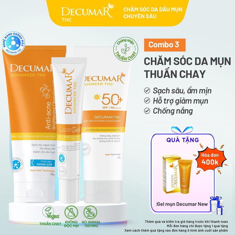Bộ 3 toàn diện Decumar THC : Gel mụn THC, Sữa rửa mặt THC, Kem chống nắng THC (THC03, DSM02, THC01)