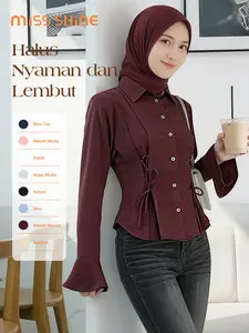 Missshine Raline Shirt Wanita Baju Panjang Tangan Fit Stretch Navy dengan Aksesoris Tali Elegan Kemeja Press Body Gaya Klasik Desain Polos Minimalis Bahan