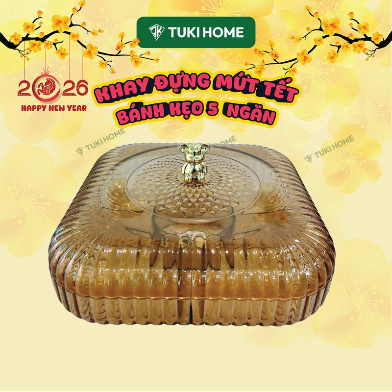  Khay đựnġ mứt Tết 2026 Khay đựng bánh kẹo các loại hạt hình vuông 5 ngăn màu vàng hổ phách để phòng tiếp khách sang trọng 