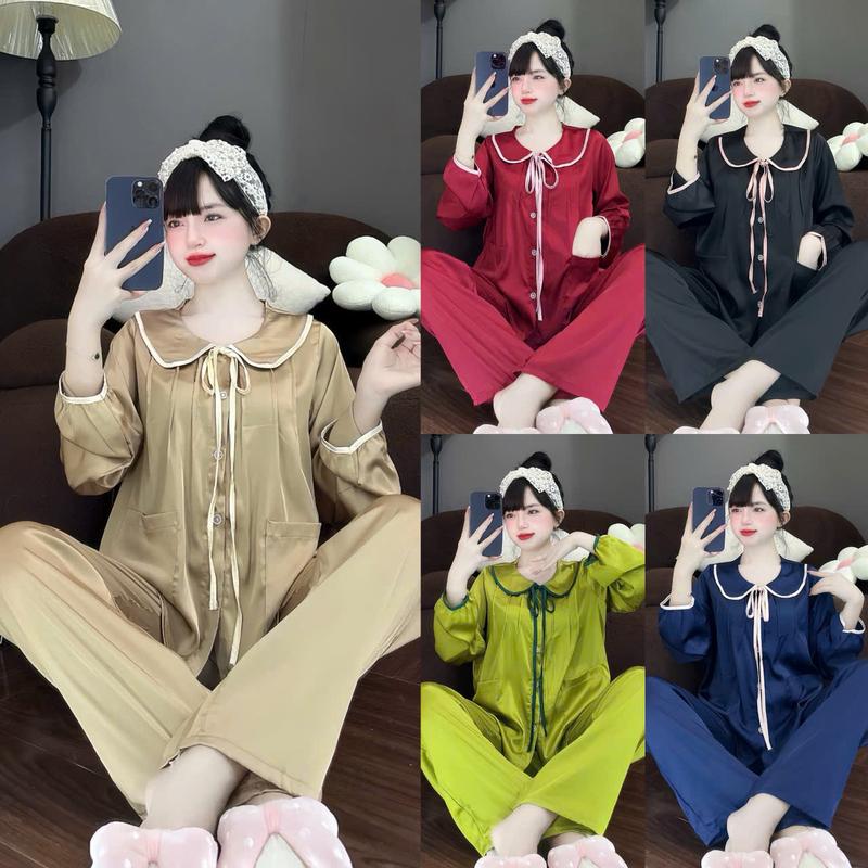 Đồ bộ tay dài tiểu thư lụa latin thiết kế mới , đồ bộ nữ lụa mặc nhà thoải mái , pijama nữ lụa mịn mát , size dưới 60kg , đồ bộ pizama tay dài , đồ bộ nữ cao cấp , áo ngủ , quần ngủ , đồ ngủ lụa