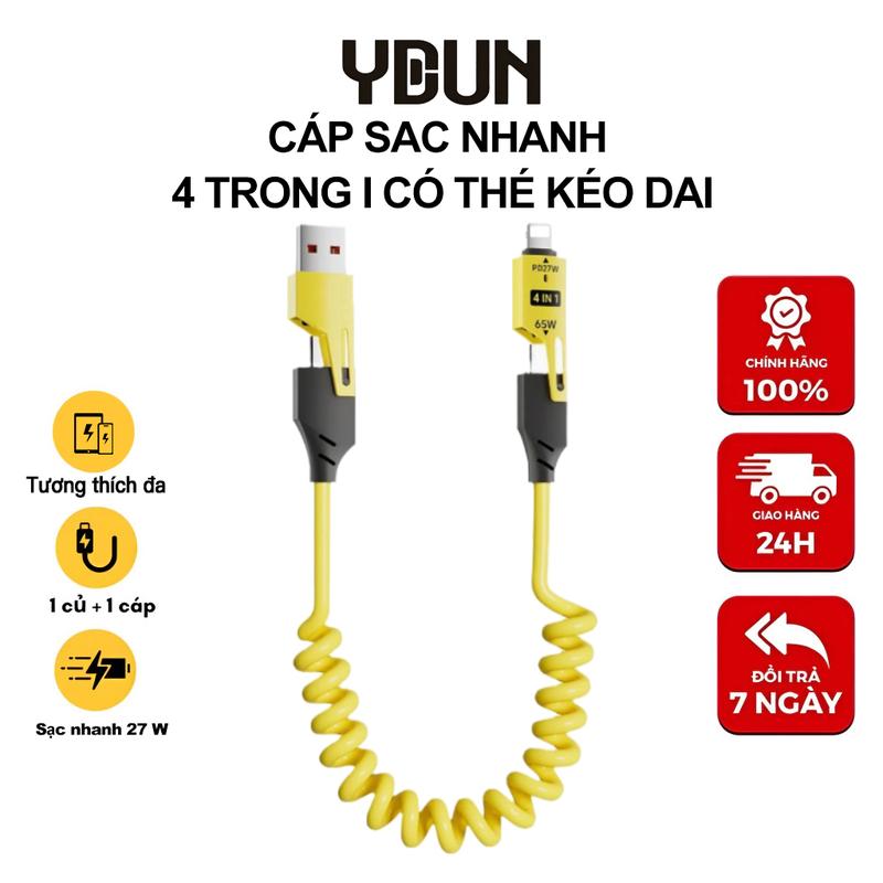 Cáp sạc lò xo, Đa Năng, Cáp sạc nhanh chống rối 4 lN 1, Sạc nhanh 65W, Bảo hành 12 tháng