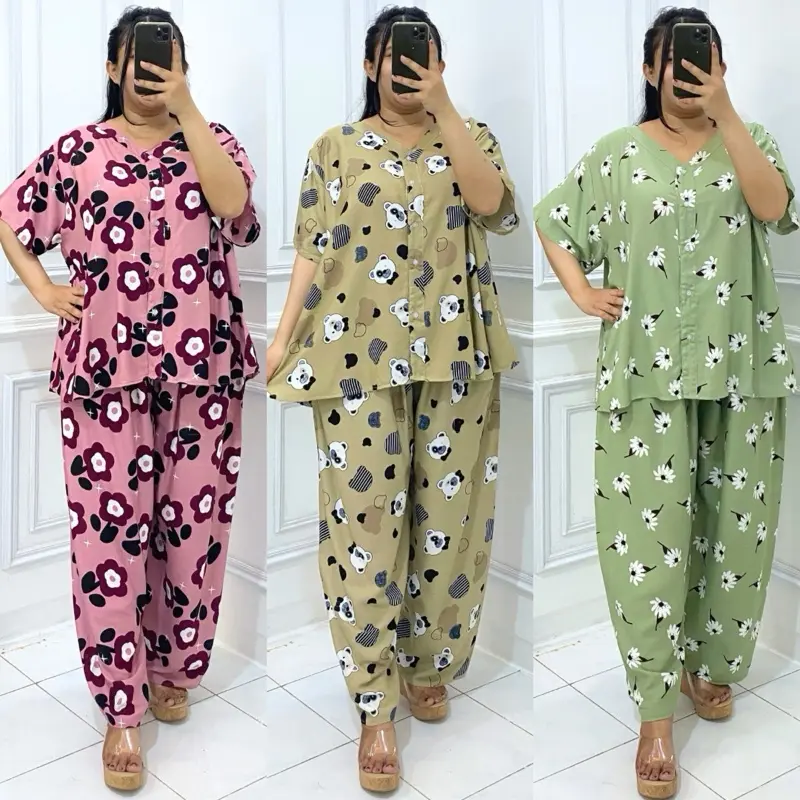 Oneset vncek celana panjang kancing motif jumbo LD 130 | Setelan wanita busui jumbo LD130 | Piyama wanita nyaman bahan rayon premium celana panjang lengan pendek