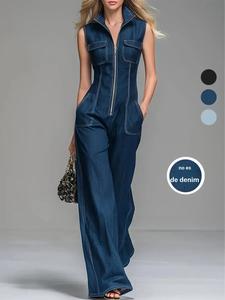 Mono vintage de mezclilla para primavera/verano nuevo, sin mangas, pantalones de pierna ancha, cintura alta que estiliza la figura, prenda única a la moda