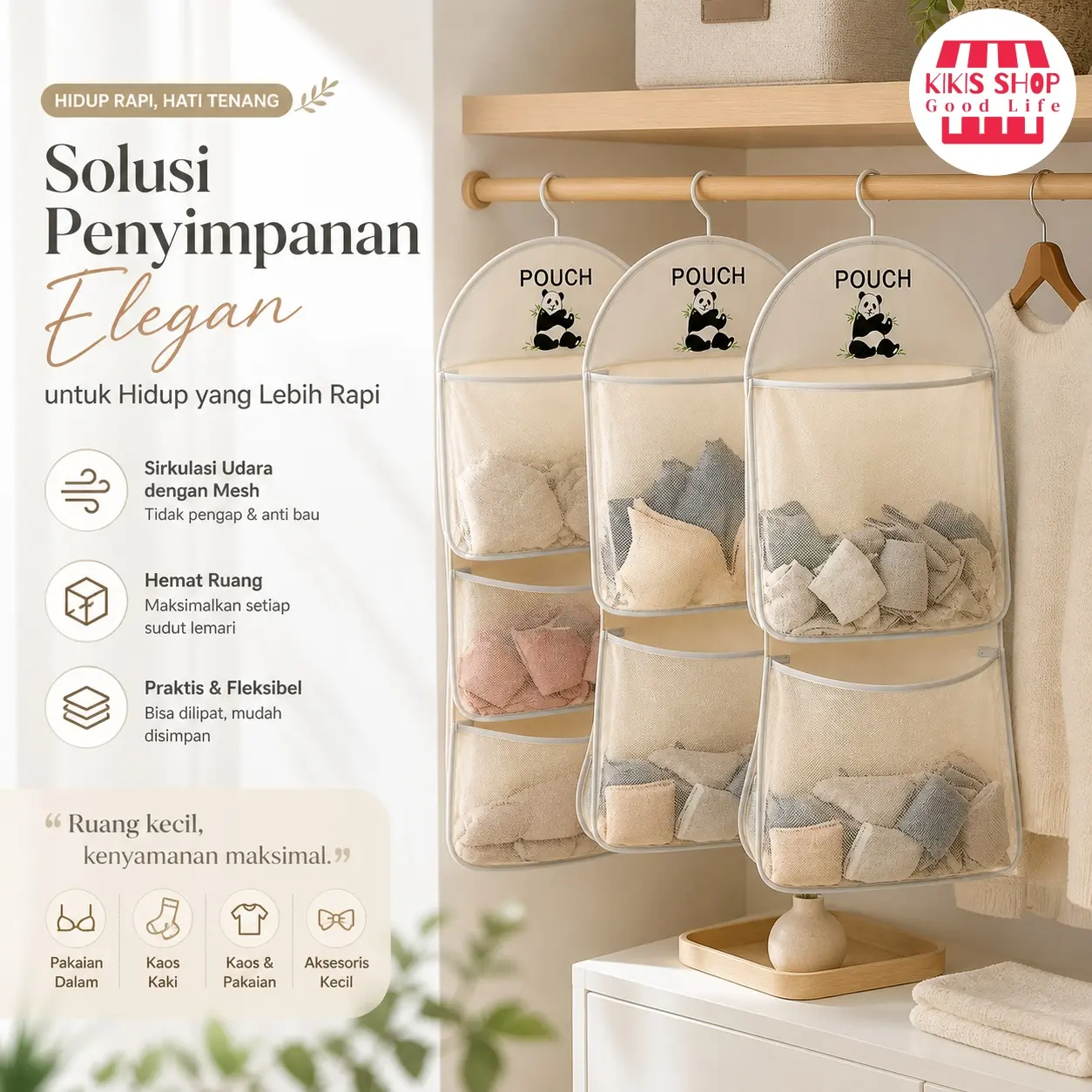 Hanging Organizer Serbaguna untuk Lemari, Rak Penyimpanan Baju Lipat & Gantung, Hemat Tempat untuk Kamar, Apartemen, Simpan Kaos Kaki, Underwear, Aksesoris Kecil