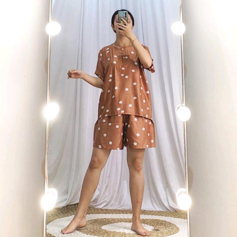 Setelan Baby Doll Celana Pendek Gogo Rayon All Size Nyaman Kancing Busui Motif 4