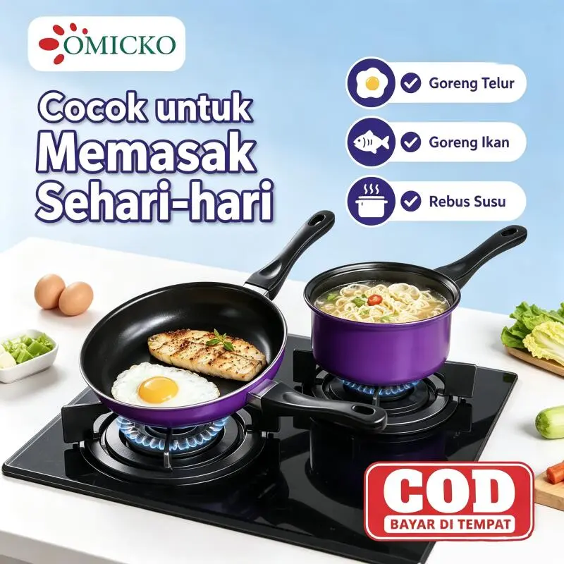 OMICKO Panci Set 2 PCS Frypan & Milk Pan Teflon Warna Pastel Anti Lengket Hanya Cocok Kompor Induksi COD Hanya cocok digunakan pada kompor induksi