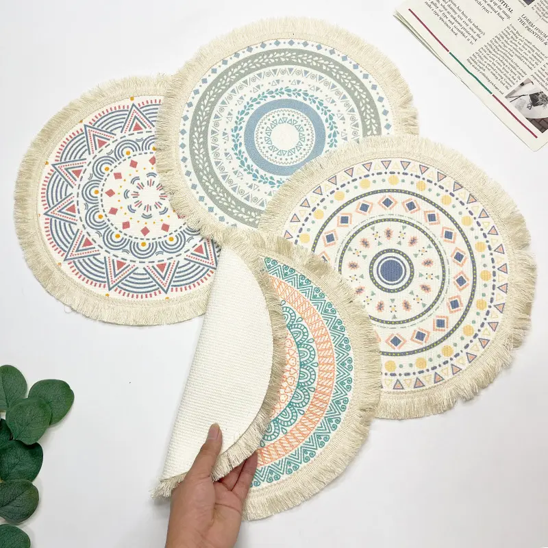 Thảm dùng cơm bằng bông Bohemian, 1 miếng, Thảm tròn dệt bằng vải Bắc Âu, Thảm cách nhiệt và chống đóng cặn nhà bếp gia đình, Đế lót ly để bàn tua rua