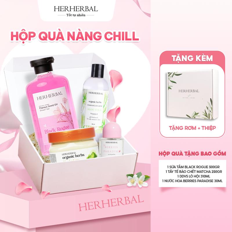 Tặng Mẹ, Tặng Bạn Gái ,Tặng Người Yêu- Hộp Qùa Nàng Chill Herherbal - DDVS nữ, Sữa tắm nước hoa, Tẩy tế bào chết, nước hoa tặng người yêu sinh nhật cho người yêu