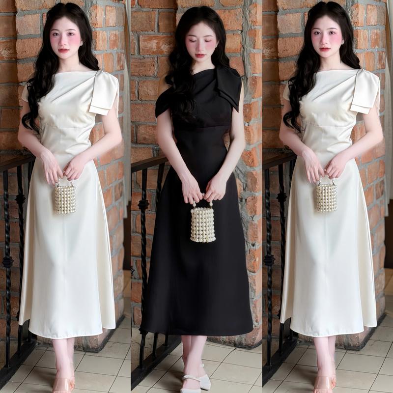 MJ12 Váy liền lệch vai đính nơ đi tiệc cao cấp thiết kế tiểu thư mẫu mới