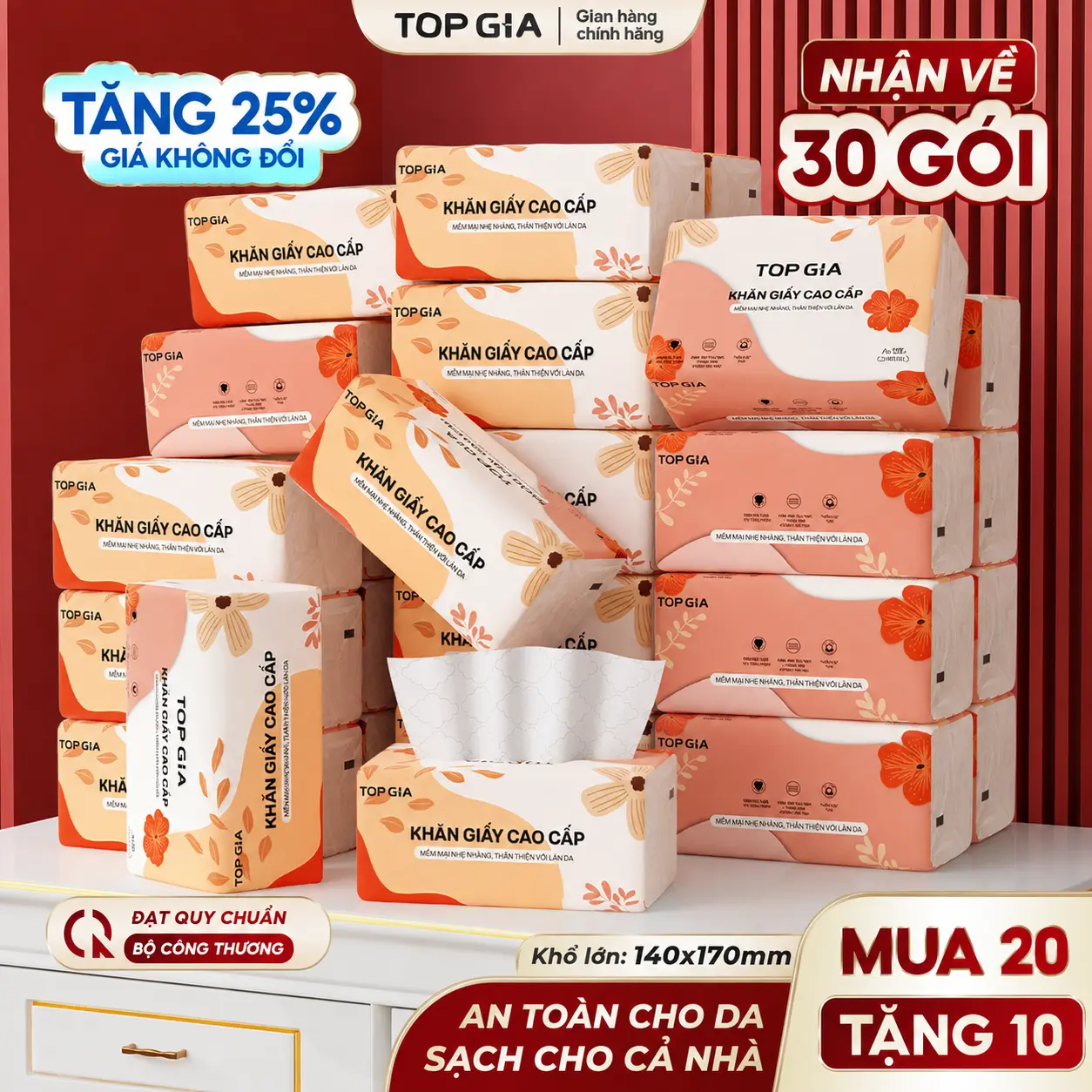 [TẶNG 10 GÓI KHỔ LỚN] Mua 20 Tặng 10 Gói Khăn Giấy Sắc Hạ 140x170mm Bản To khăn giấy cao cấp TOP GIA, giấy ăn 4 lớp dập vân 4D bền chắc mềm mịn, khăn giấy vệ sinh ĐẠT QUY CHUẨN CỦA BỘ CÔNG THƯƠNG VTG83