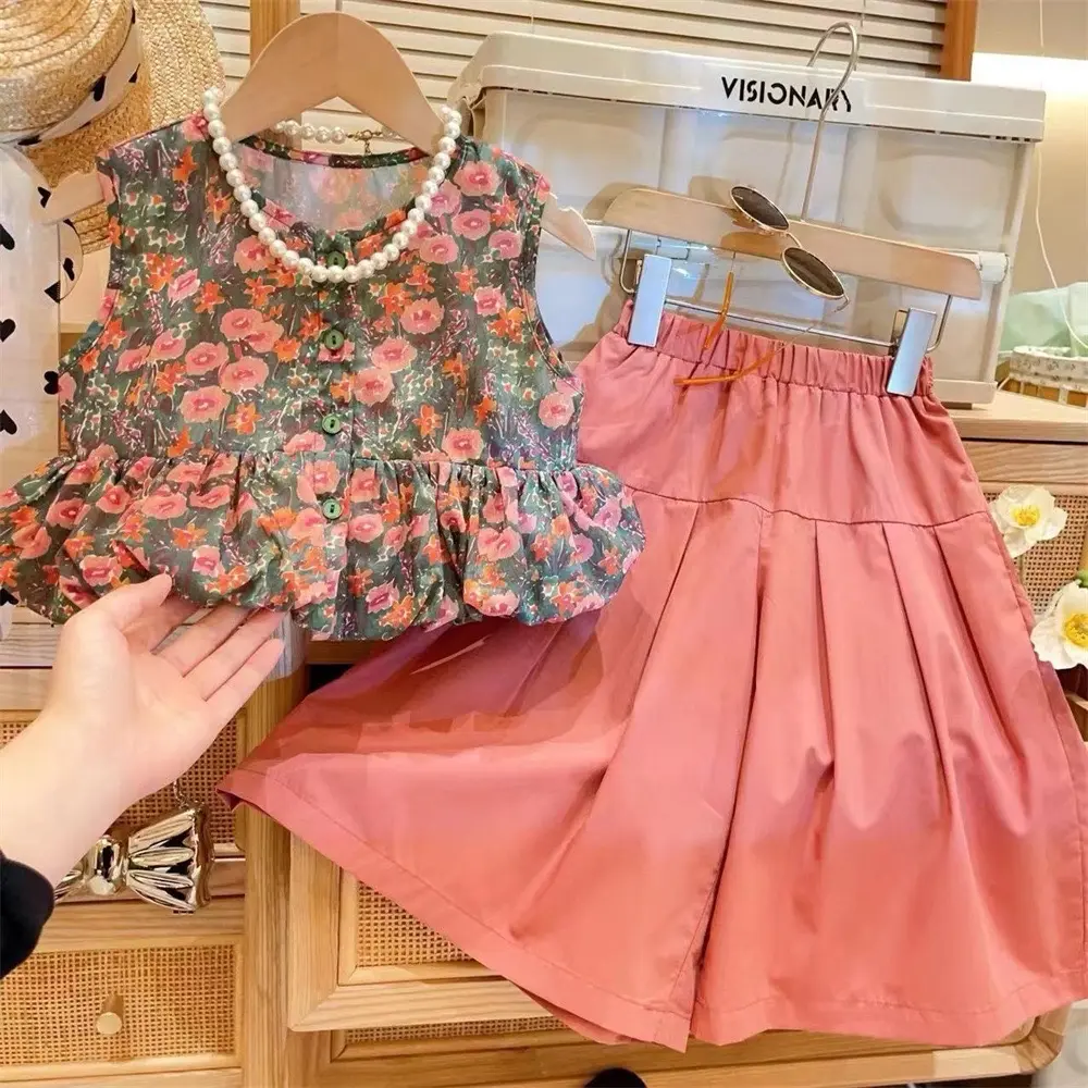 2-7 th Setelan baju anak perempuan motif bunga dan celana anak ready stock