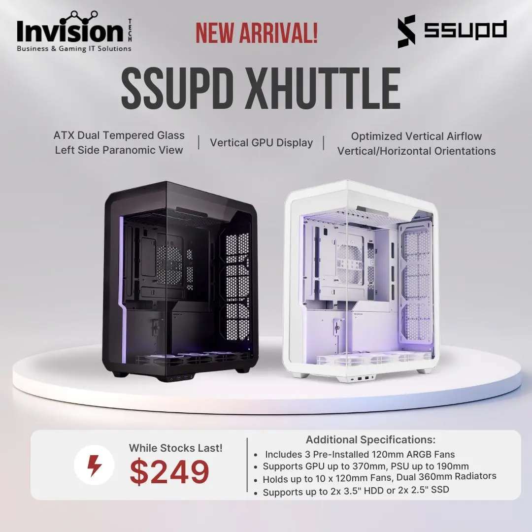 SSUPD Xhuttle ATX Dual Tempered Glass PC Case with Vertical GPU Display and RGB Strip (Pre-installed with 3 ARGB Fans)