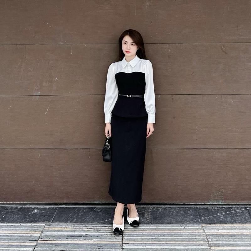 Set Thiết Kế Phối Áo Trắng Dáng Peplum Tay Dài Chân Váy Dáng Dài Tiểu Thư Hai Lớpp