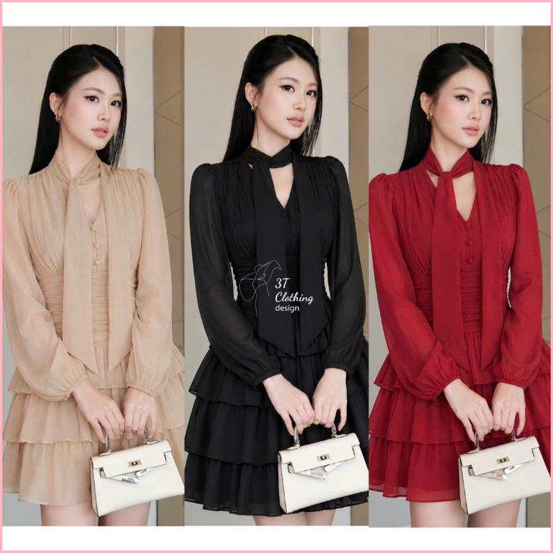 Đầm Váy Nữ Tơ Óng Vân 2 Lớp Cổ Nơ Tay Dài, Đầm Xòe Xếp Ly Eo Tôn Dáng, Váy Dự Tiệc BigSize 4070kg B86
