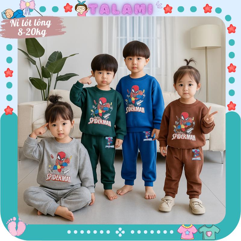 Quần áo bé trai bộ dài tay thu đông chất nỉ lót lông siêu ấm in hình siêu nhân nhện spiderman cho bé 12-20kg