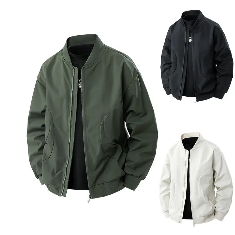 Bomber Jacket For Men Spring And Autumn Simple Loose Versatile Baseball Collar Jacket Men's Personalized Ribbed Jacket