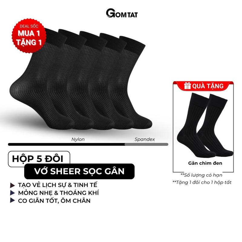 Hộp 5 đôi vớ sheer nam đi giày tây GOMTAT tất nam công sở chất liệu sợi nylon cao cấp họa tiết sọc gân xuyên thấu mềm mịn êm chân Menswear - D16-A094-CB5
