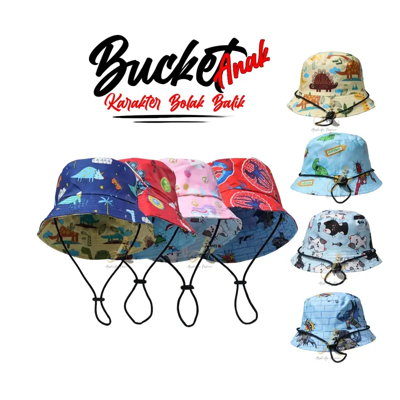 Topi Bucket Anak Karakter Bolak Balik Ada Tali / Bucket Anak Tali 2 Karakter Bolak Balik Fashion 0