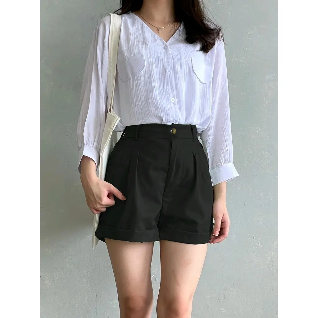 Hotspan Celana Pendek Wanita Polos Santai Variasi Kancing Dan Resleting Shorts Katun Dewasa