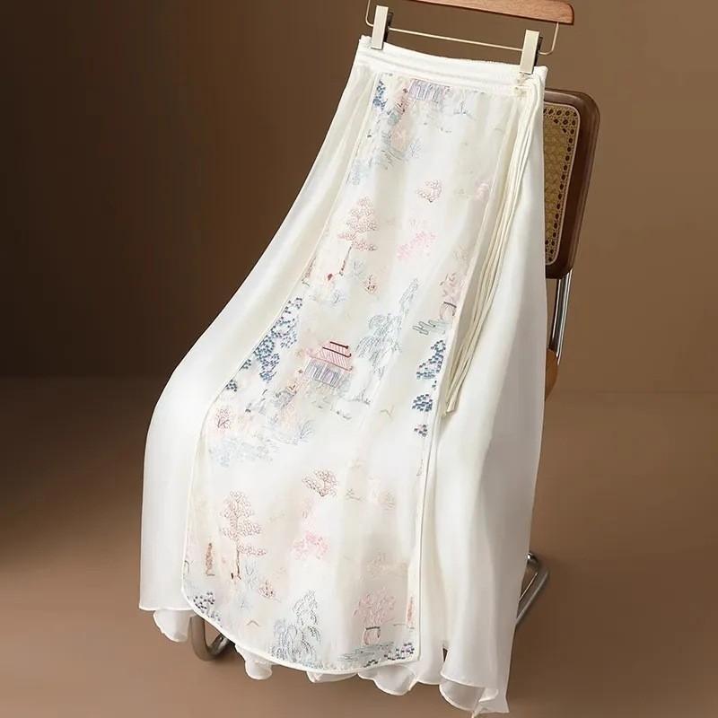 Chân váy thêu họa tiết mặt ngựa truyền thống cho nữ, chất vải organza thoáng khí, cạp chun co giãn, dáng chữ A, màu be, váy dài nửa chân bigsize60den90ký