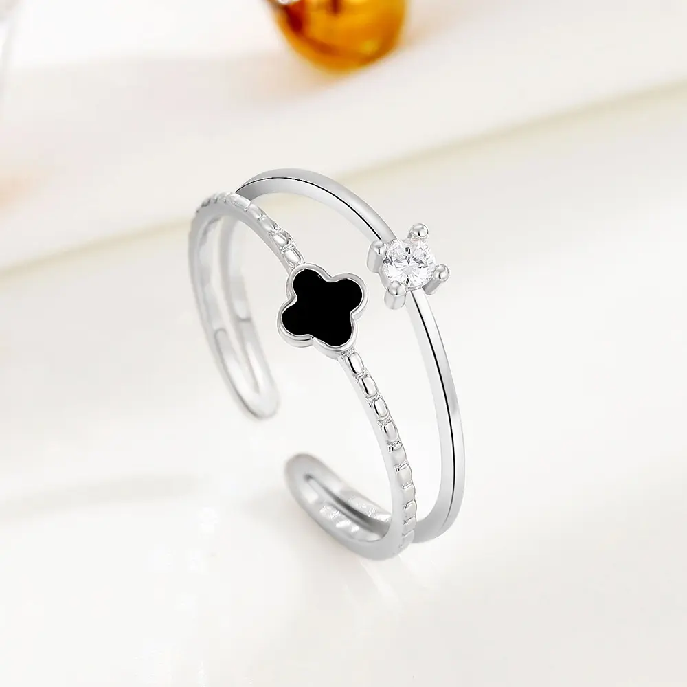 Nhẫn Kim Cương Nhỏ Thiết Kế Tối Giản, Hình Cỏ Bốn Lá, Nhẫn Hở Đôi