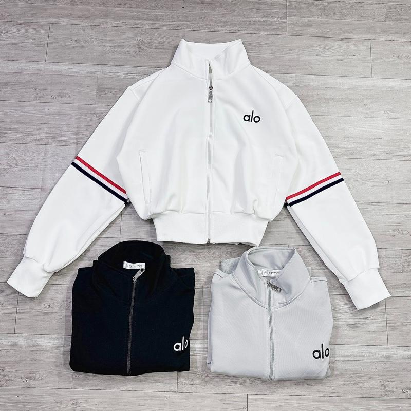 [HT013] Áo khoác nữ Cổ Trụ Thêu chữ Alo chất vải thun Umi 2 da may sọc 3màu ở ống tay, phom dáng basic 40kg-60kg - Áo Khoác Hottrend