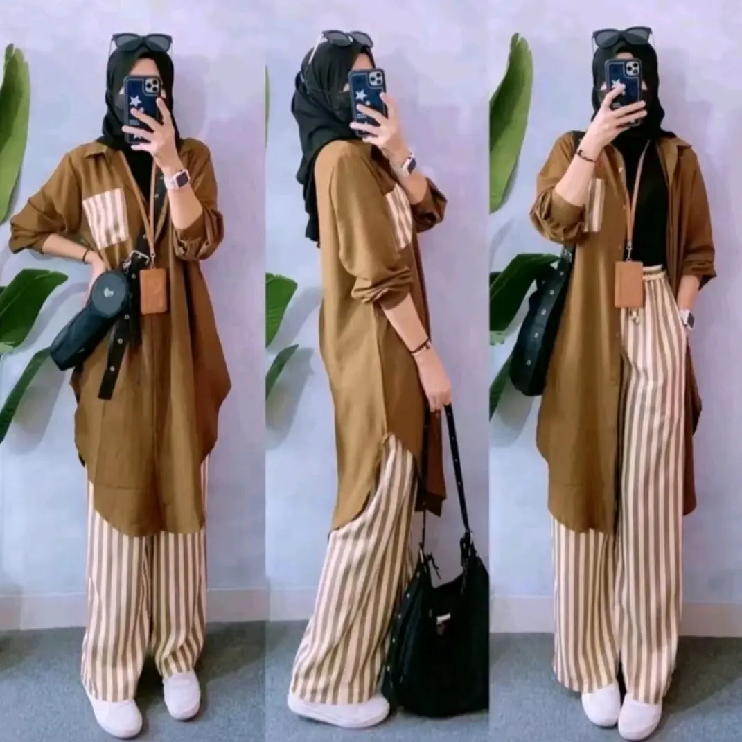 Setelan Wanita Atasan Variasi Kantong Dealova One Set Tunik Strip Kancing Aktif | Setelan Baju Atasan Celana Panjang Kulot Pinggang Karet Dealova One Set Crinkle Airflow Salur Kerah Kemeja