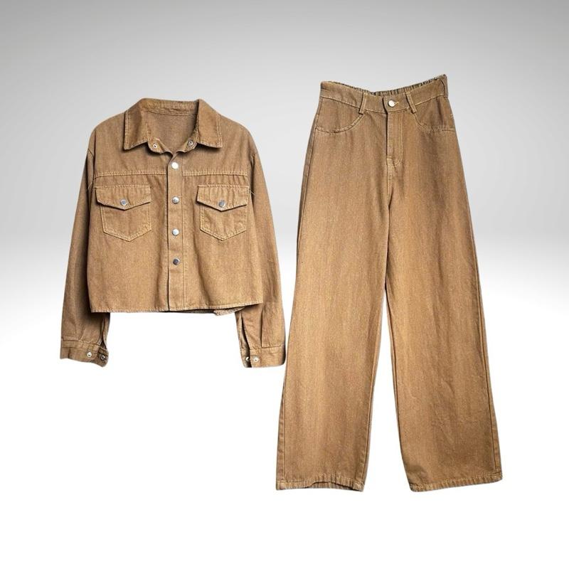 Set Jean B83 Áo Cổ Đức Tay Dài - Quần Suông Khuy Bấm Thời Trang Nữ Chất Jean Mềm