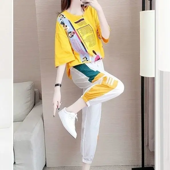 Single piece/set sports and leisure women's summer 2023 new printed loose Korean pants with short sleeves