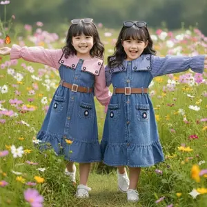Nayyara Dress Jeans Mix Salur Variasi Bunga + Free Belt Cantik Ukuran 3-10 Tahun - Dress Anak Viral kekinian 2025