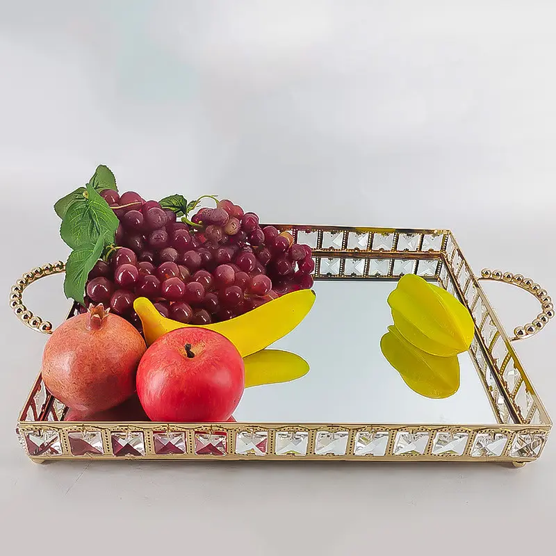 Nampan Kaca Kristal Gold Gagang Diamond Europe Gold Tray / Pajangan Nampan / Dekorasi Home Decoration Kitchenware 1
