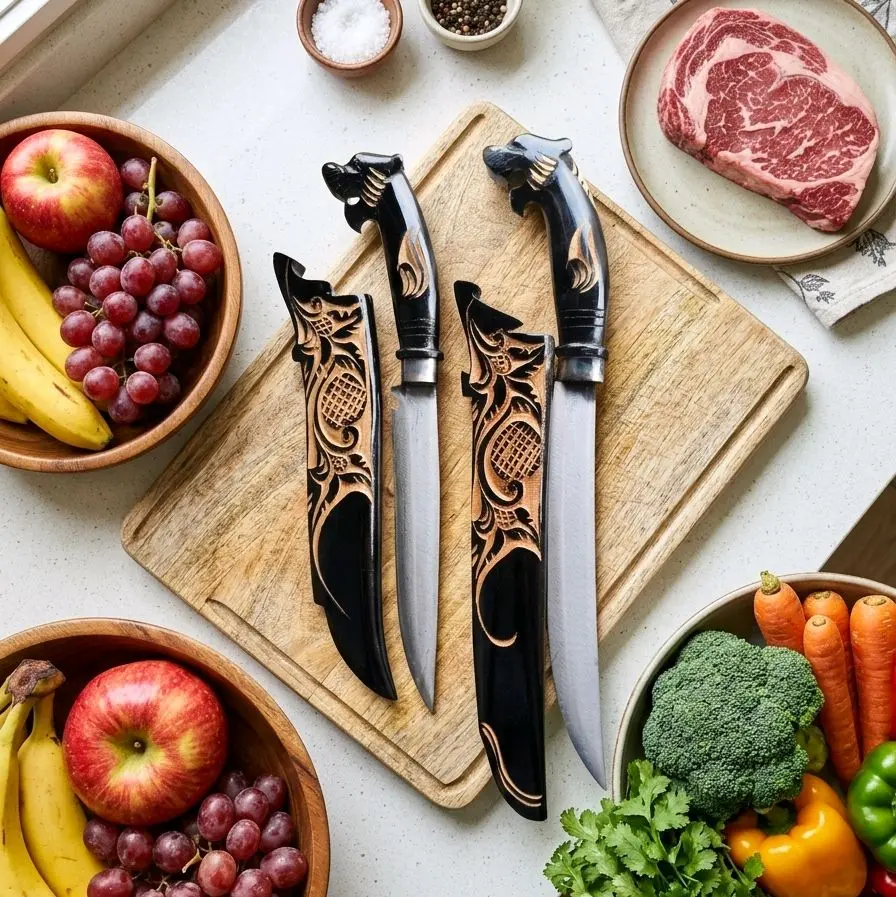 Pisau Dapur 20&15 cm Kayu Jati Politur Hitam Motif Macan untuk Memotong Sayur dan Daging Kitchenware