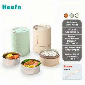 Heefn Lunch Box Stainless 3 Susun Anti Tumpah Tahan Panas